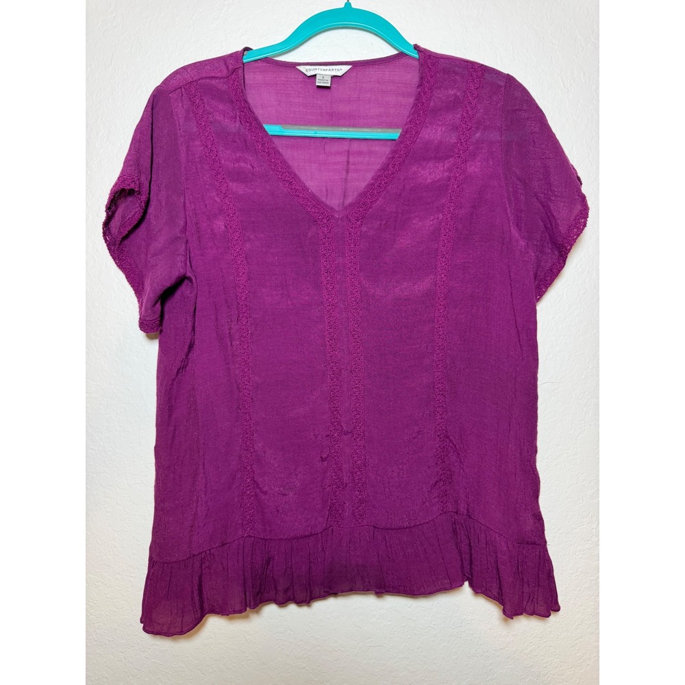 Counterparts Magenta Purple Crochet Lace Trim Ruffle Hem V-Neck Blouse Small